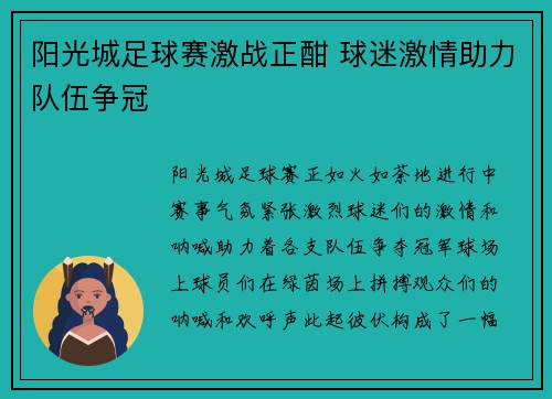 阳光城足球赛激战正酣 球迷激情助力队伍争冠