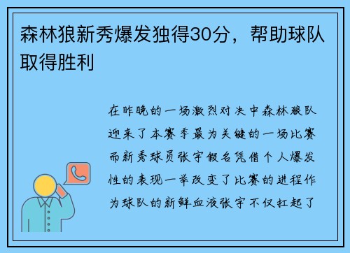 森林狼新秀爆发独得30分，帮助球队取得胜利