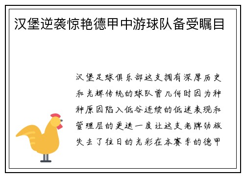 汉堡逆袭惊艳德甲中游球队备受瞩目