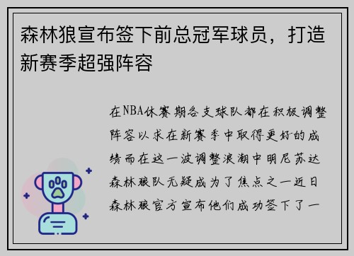森林狼宣布签下前总冠军球员，打造新赛季超强阵容