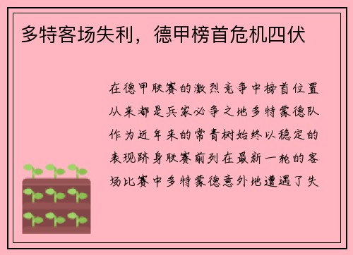 多特客场失利，德甲榜首危机四伏