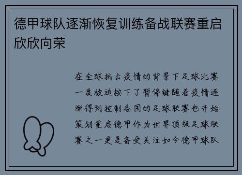 德甲球队逐渐恢复训练备战联赛重启欣欣向荣