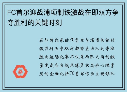 FC首尔迎战浦项制铁激战在即双方争夺胜利的关键时刻