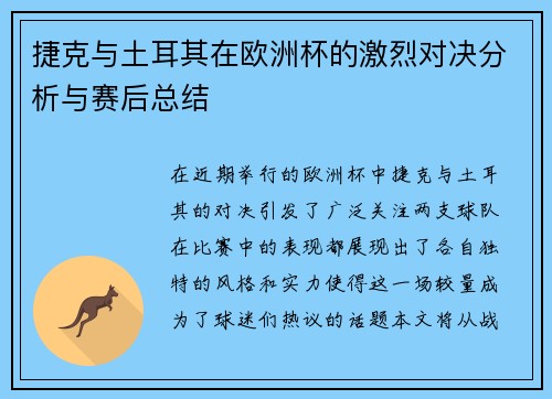 捷克与土耳其在欧洲杯的激烈对决分析与赛后总结
