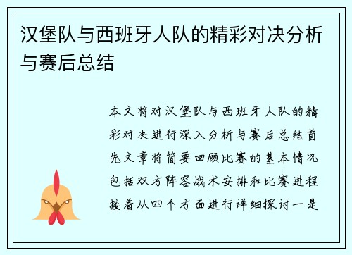 汉堡队与西班牙人队的精彩对决分析与赛后总结