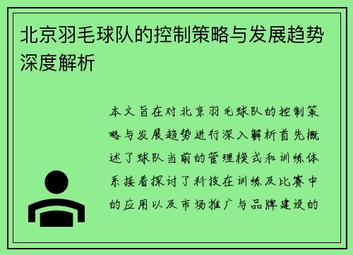 北京羽毛球队的控制策略与发展趋势深度解析