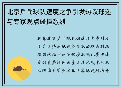 北京乒乓球队速度之争引发热议球迷与专家观点碰撞激烈