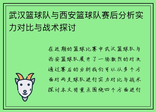 武汉篮球队与西安篮球队赛后分析实力对比与战术探讨